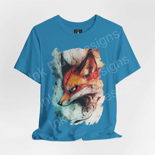 Ethereal Fox graphic tee in blue, featuring an artistic fox design, perfect unisex T-shirt for spirit animal enthusiasts.