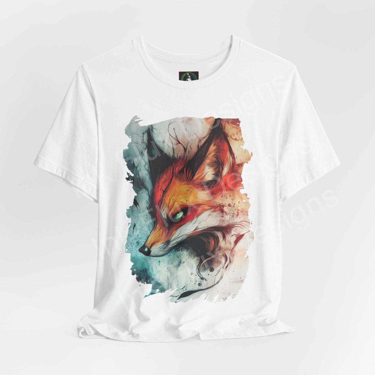 Ethereal Fox graphic tee featuring a vibrant spirit animal design on sustainable white cotton, ideal for stylish comfort.