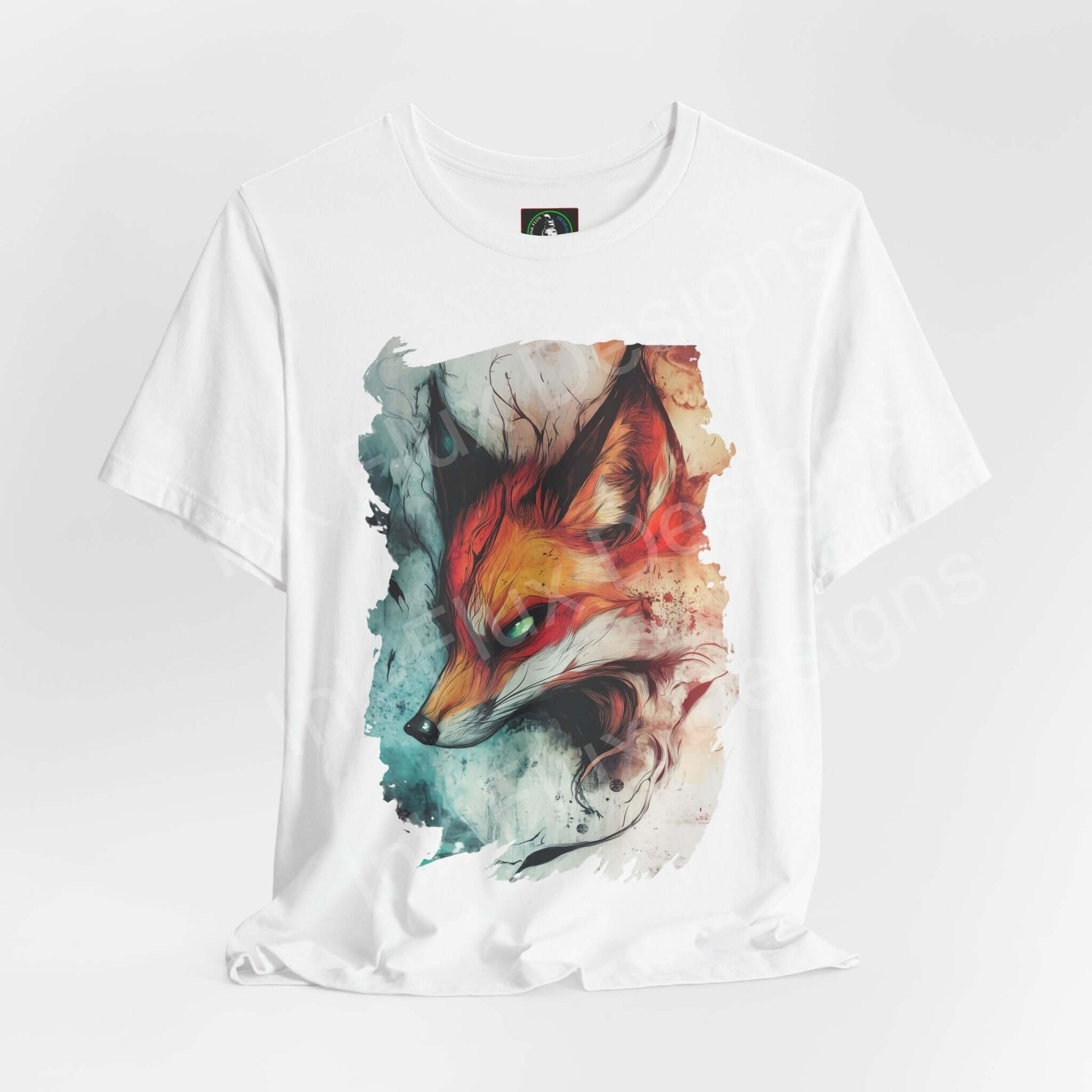 Ethereal Fox graphic tee featuring a vibrant spirit animal design on sustainable white cotton, ideal for stylish comfort.