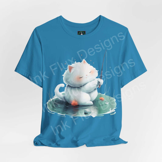 Blue graphic tee featuring a cute cat fishing, from Bella+Canvas unisex jersey T-shirts collection, perfect for cat lovers.
