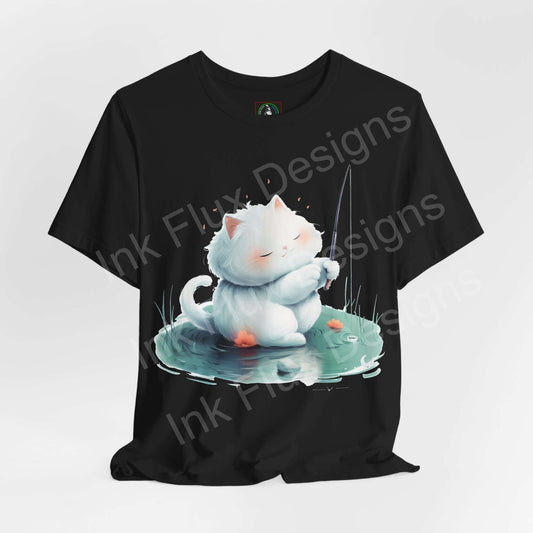 Black graphic tee featuring a cute cat fishing design, ideal for cat lovers and T-shirt enthusiasts.
