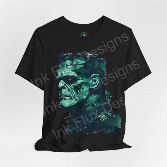 Black unisex graphic tee featuring a green-toned Frankenstein design, ideal for Halloween, crafted by Bella+Canvas.