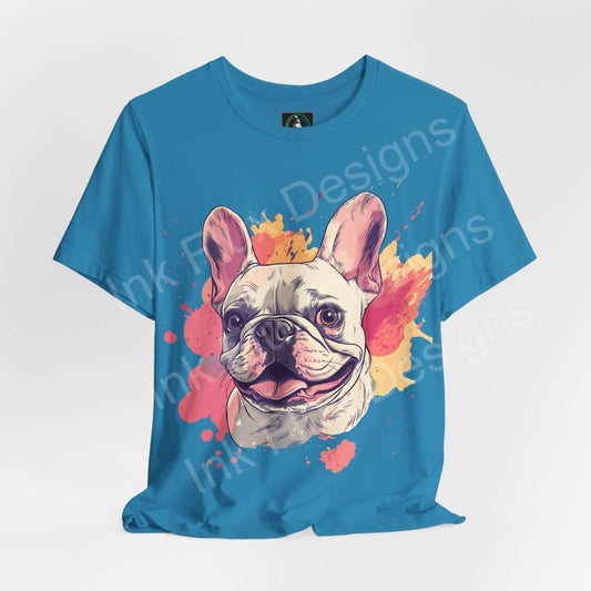 Blue unisex T-shirt featuring a vibrant graphic print of a French Bulldog surrounded by colorful splashes, ideal for dog lovers and graphic tee enthusiasts.