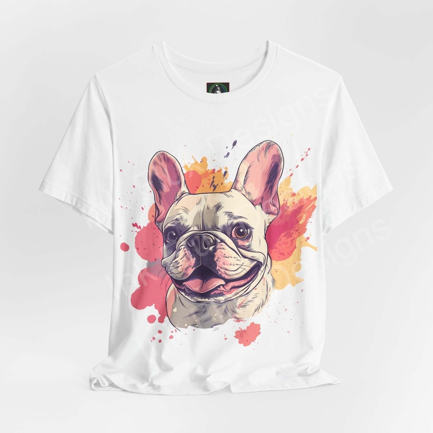 White unisex T-shirt featuring a colorful graphic of a French Bulldog, perfect for dog lovers and casual wear.