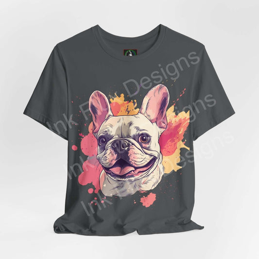 Unisex olive green graphic tee featuring a vibrant French Bulldog design, ideal for dog lovers and casual wear, made by Bella+Canvas.