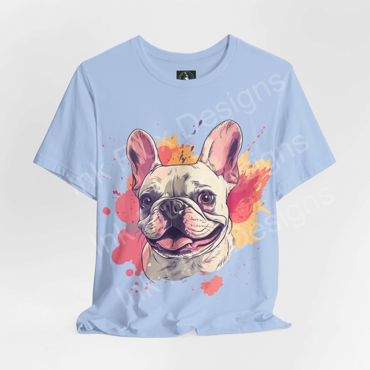 Light blue graphic tee featuring a vibrant French Bulldog design, ideal for dog lovers and T-shirt enthusiasts.