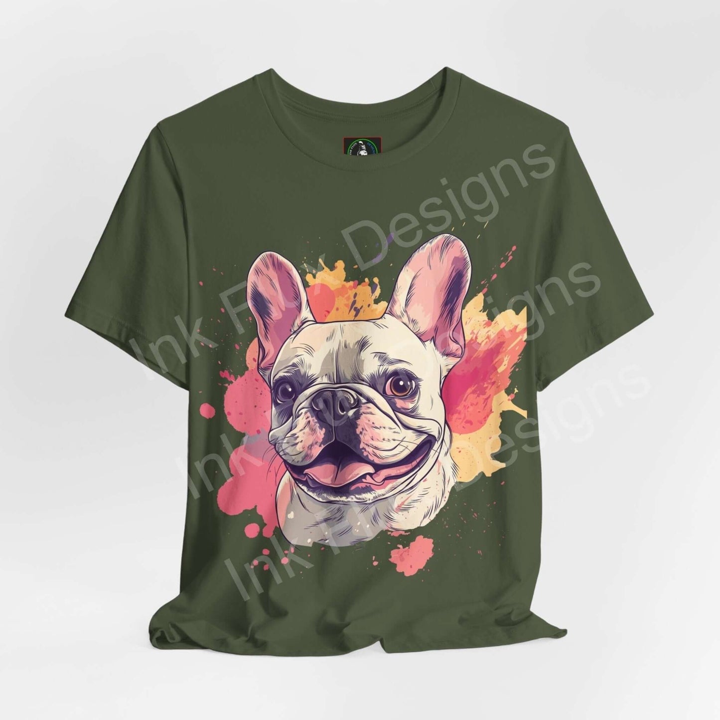 Green graphic tee featuring a colorful French Bulldog design, ideal for dog lovers and casual wear.