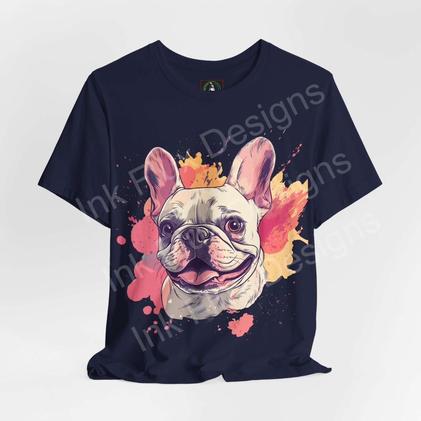 Black graphic tee featuring a vibrant French Bulldog design amidst colorful splashes, ideal for dog lovers and T-shirt collectors.