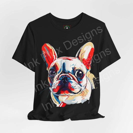 Black graphic tee featuring a colorful French Bulldog illustration, ideal for dog lovers and casual wear, part of the Bella+Canvas collection