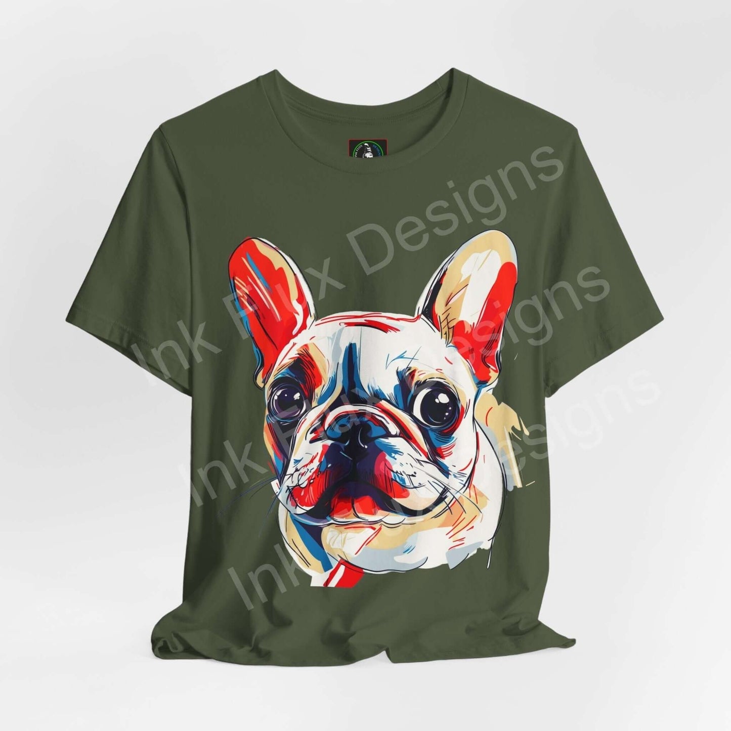 French Bulldog Dog T-Shirt featuring a colorful art graphic of a French Bulldog on an olive green tee.