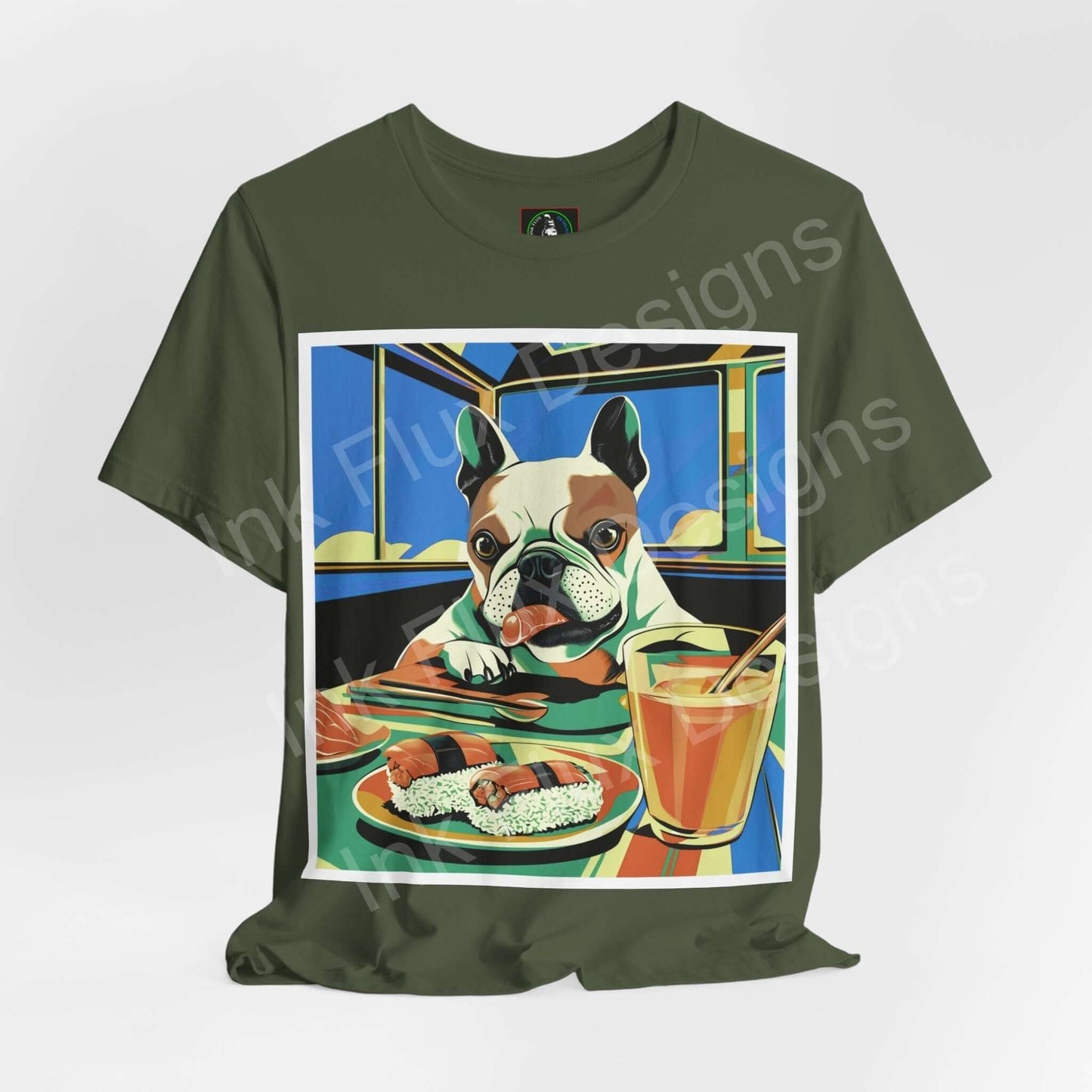 French Bulldog Dog T-Shirt featuring playful sushi design and quirky Frenchie charm.
