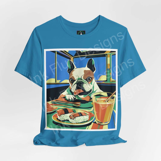 French Bulldog Sushi Time graphic tee in blue, featuring a cartoon French Bulldog eating sushi, tailored for dog and T-shirt enthusiasts.