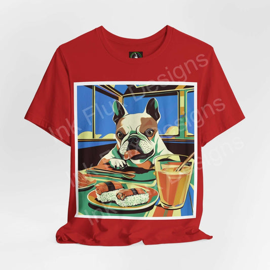 Red unisex T-shirt with French Bulldog Sushi Time graphic, featuring a dog eating sushi, perfect for dog lovers and graphic tee enthusiasts.