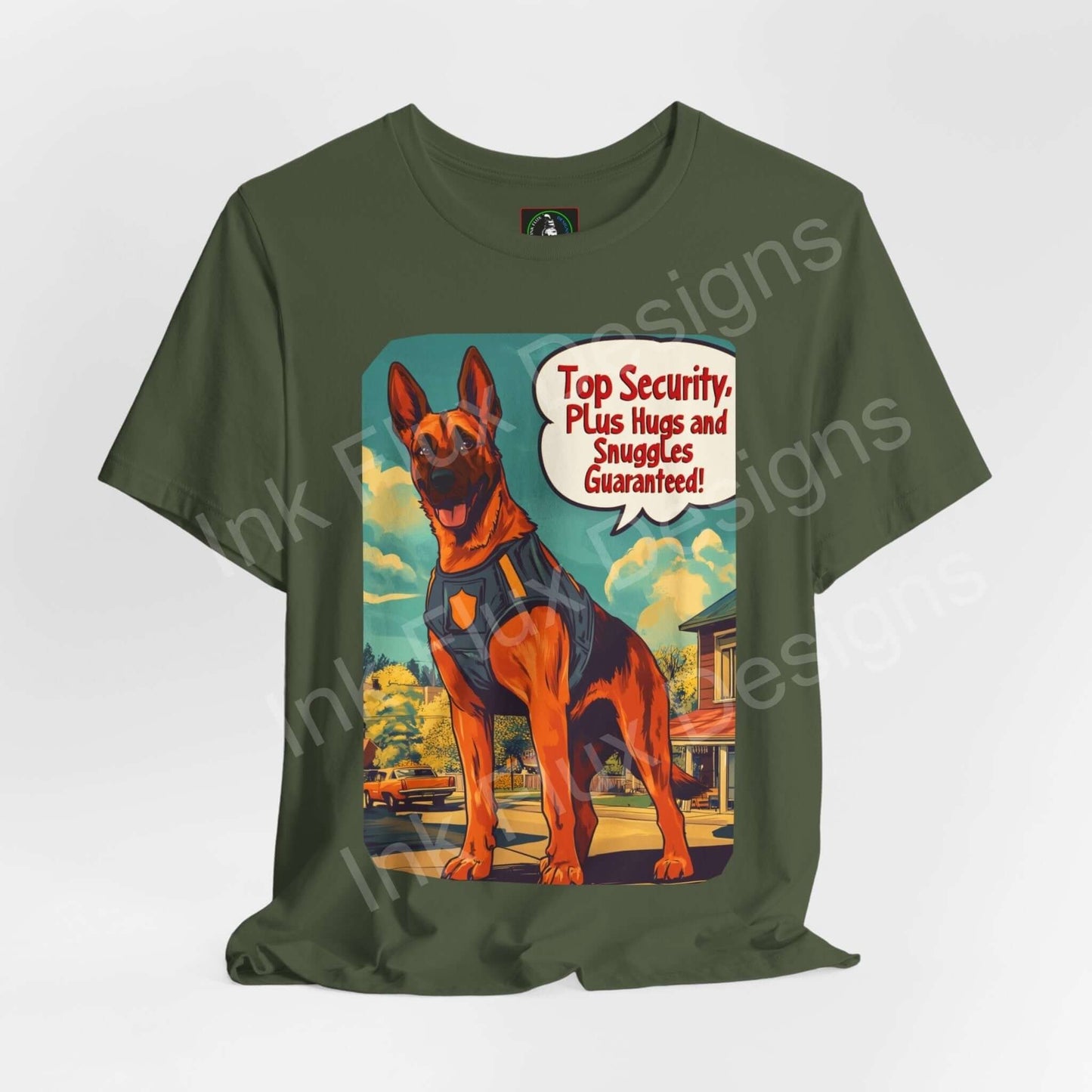 German Shepherd Dog T-Shirt featuring a confident dog illustration with a security message.