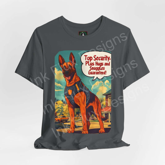 Graphic tee featuring a German Shepherd in a superhero pose with "Top Security. Plus Hugs and Snuggles Guaranteed!" text, against an animated neighborhood backdrop.