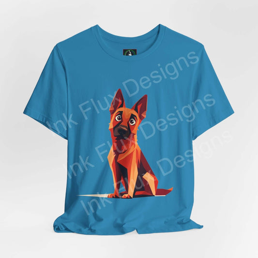 Blue unisex T-shirt with a vibrant graphic of a German Shepard, offering style and comfort, perfect for dog lovers.