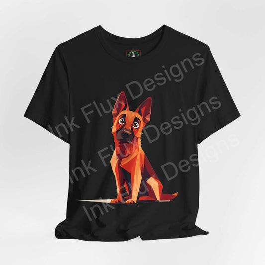 Black unisex T-shirt featuring a vibrant graphic of a German Shepard, ideal for dog lovers and casual wear.