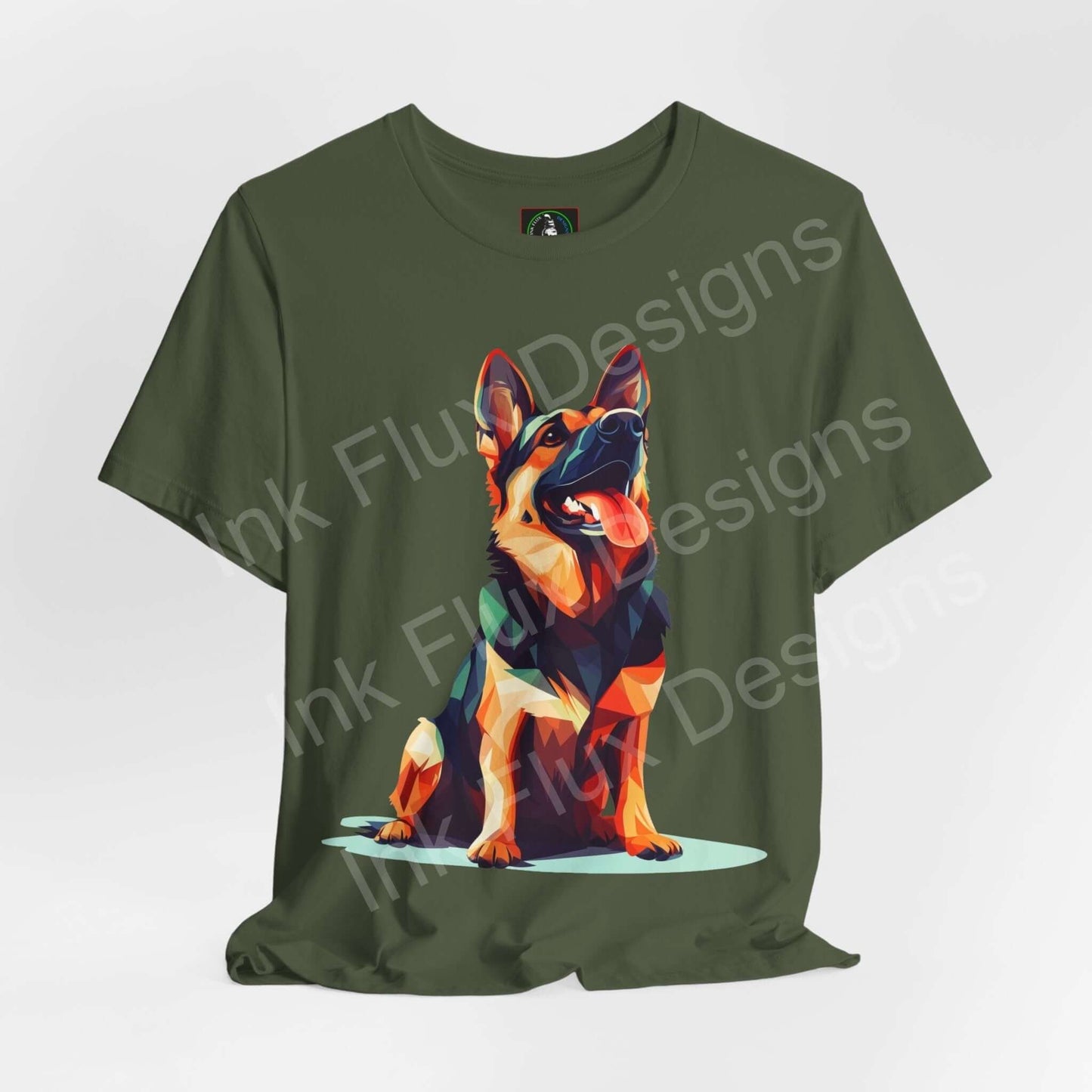 German Shepherd Dog T-Shirt featuring a colorful graphic art design of a German Shepherd.