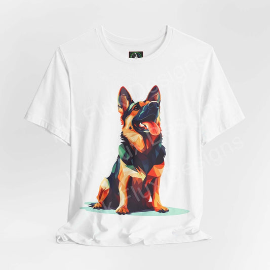 White unisex graphic tee featuring a vibrant German Shepherd design, perfect for dog lovers, by Bella+Canvas.
