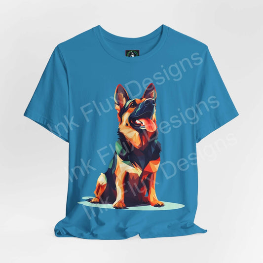 Vibrant blue unisex T-shirt featuring a colorful graphic of a German Shepherd, crafted with Airlume cotton for comfort and style.