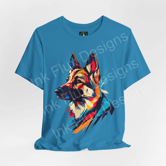 Vibrant German Shepherd graphic tee in blue, featuring a colorful, artistic portrait design, perfect for dog lovers and casual wear.