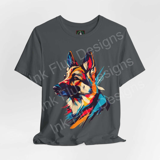 Colorful German Shepherd portrait on a gray unisex T-shirt, showcasing vibrant graphic design, perfect for dog lovers and T-shirt enthusiasts.