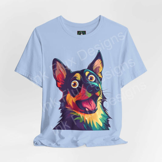 Blue unisex T-shirt featuring a vibrant, colorful graphic of a German Shepherd, ideal for dog lovers and enthusiasts of graphic tees.