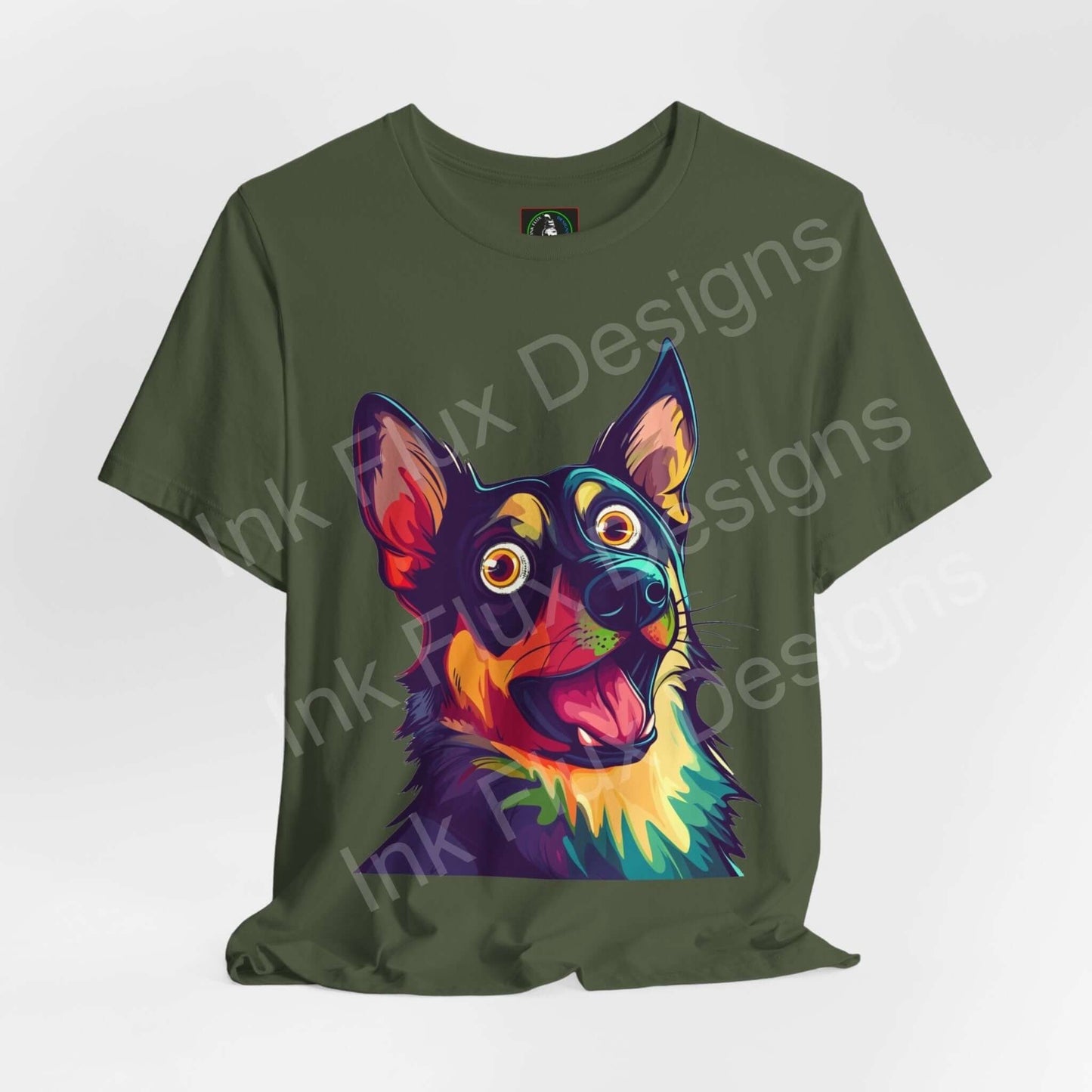 German Shepherd Dog T-Shirt featuring a colorful portrait of a happy German Shepherd on an olive green shirt.