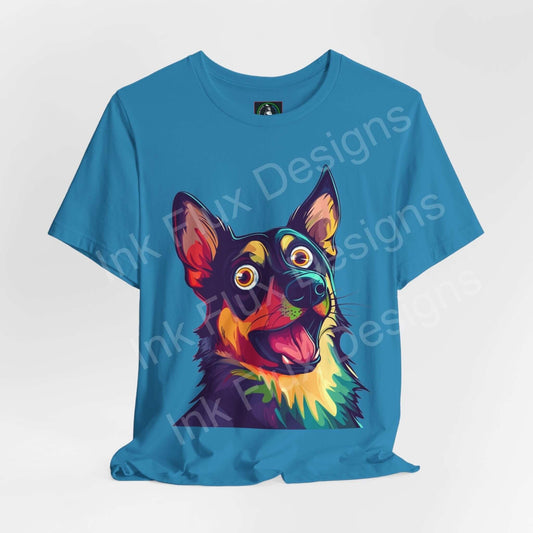 Vibrant German Shepherd graphic tee in blue, featuring a colorful, stylized dog portrait on a soft Airlume cotton shirt, ideal for dog lovers and T-shirt enthusiasts.
