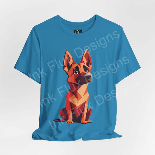 Blue unisex T-shirt featuring a geometric graphic of a German Shepard pup, ideal for dog lovers and stylish casual wear.