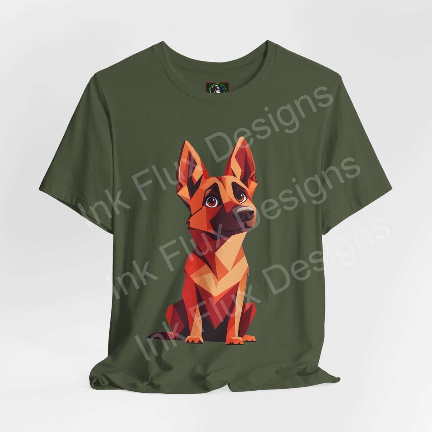 German Shepherd Puppy T-Shirt featuring a colorful graphic of a German Shepherd pup on a green background.