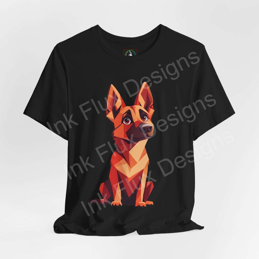 Black unisex T-shirt featuring a colorful geometric German Shepard design, perfect for dog lovers and graphic tee enthusiasts.