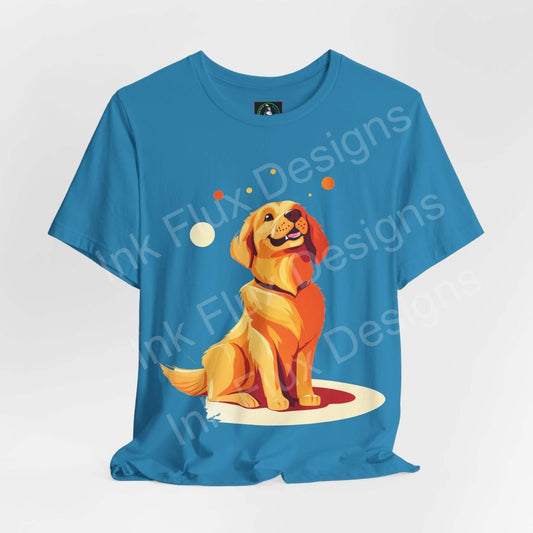 Blue unisex T-shirt featuring a graphic of a smiling Golden Retriever, perfect for dog lovers, designed for style and comfort.