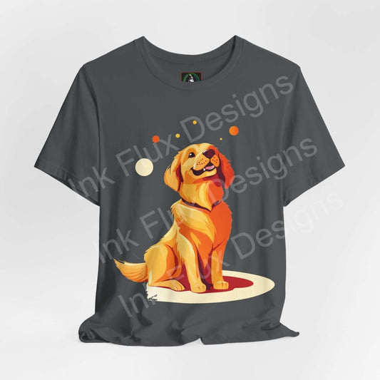 Golden Retriever graphic tee on grey, unisex T-shirt design from Bella+Canvas, featuring a joyful dog illustration for dog lovers.
