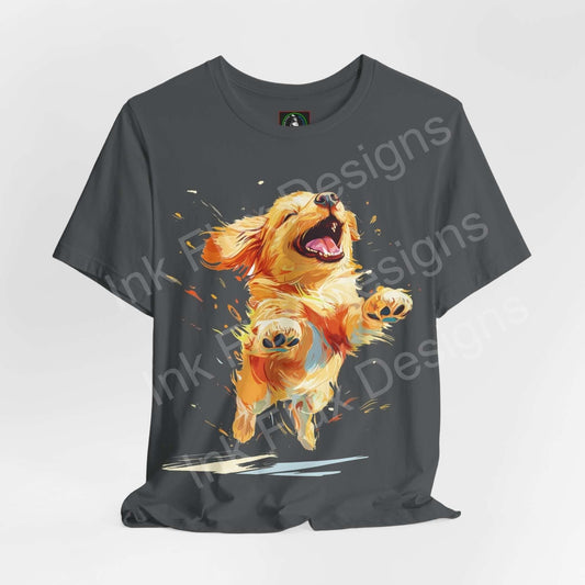 Grey unisex jersey T-shirt featuring a vibrant graphic of a golden retriever in motion, perfect for dog lovers and graphic tee enthusiasts.