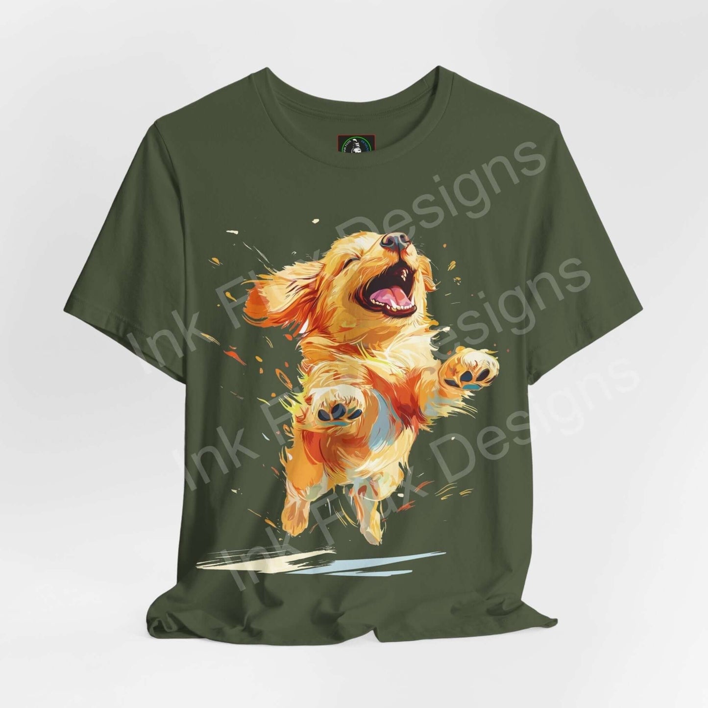 Golden Retriever Dog T-Shirt featuring a joyful jumping dog graphic design on an olive shirt.