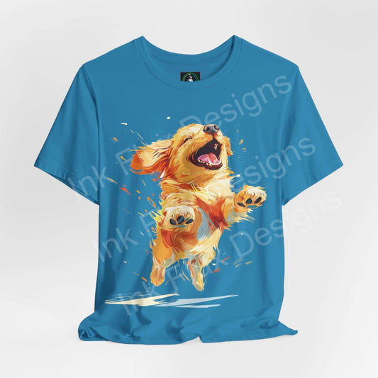 Blue unisex T-shirt with a vibrant graphic of a leaping Golden Retriever, perfect for dog lovers and casual wear.