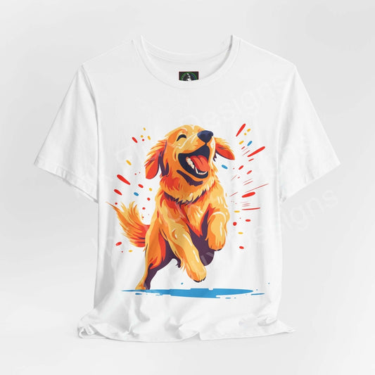 White unisex T-shirt featuring a vibrant graphic of a Golden Retriever, designed for style and comfort, ideal for dog lovers.