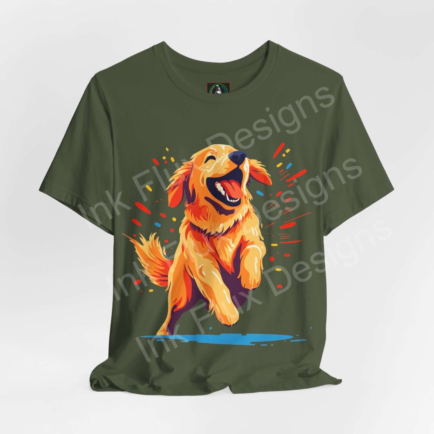 Golden Retriever Dog T-Shirt featuring a joyful graphic art of a playful Golden Retriever.