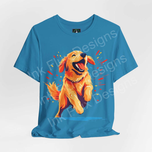 Blue unisex Golden Retriever graphic tee with joyful dog design, ideal for dog lovers and T-shirt enthusiasts.