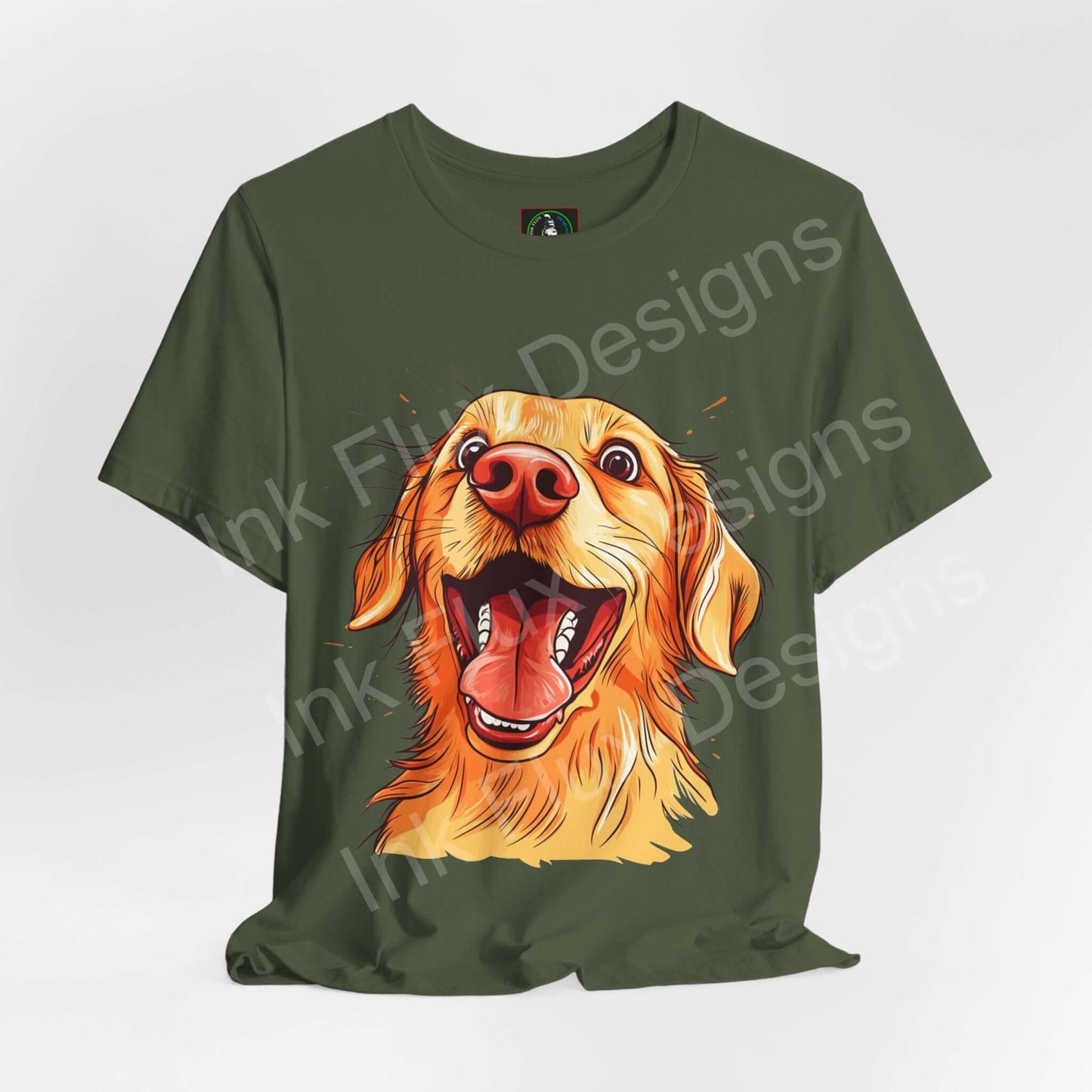 Golden Retriever Dog T-Shirt featuring a joyful illustration of a golden retriever on a green background.