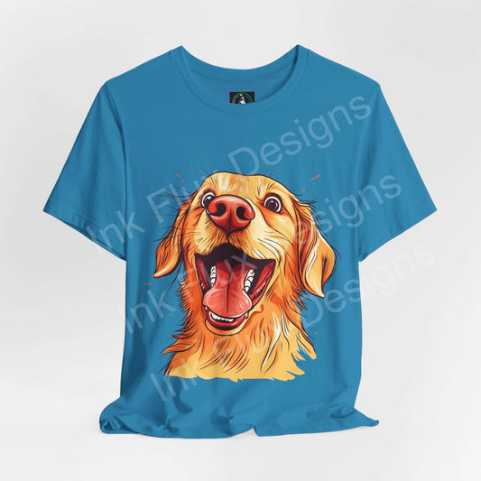 Blue unisex T-shirt featuring a vibrant graphic of a smiling Golden Retriever, perfect for dog lovers and casual wear.