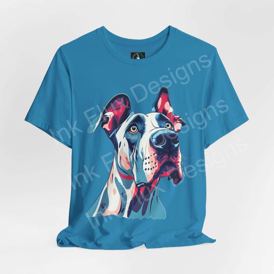 Unisex blue T-shirt featuring a vibrant graphic of a Great Dane, perfect for dog lovers, crafted with sustainable Airlume cotton by Bella+Canvas.