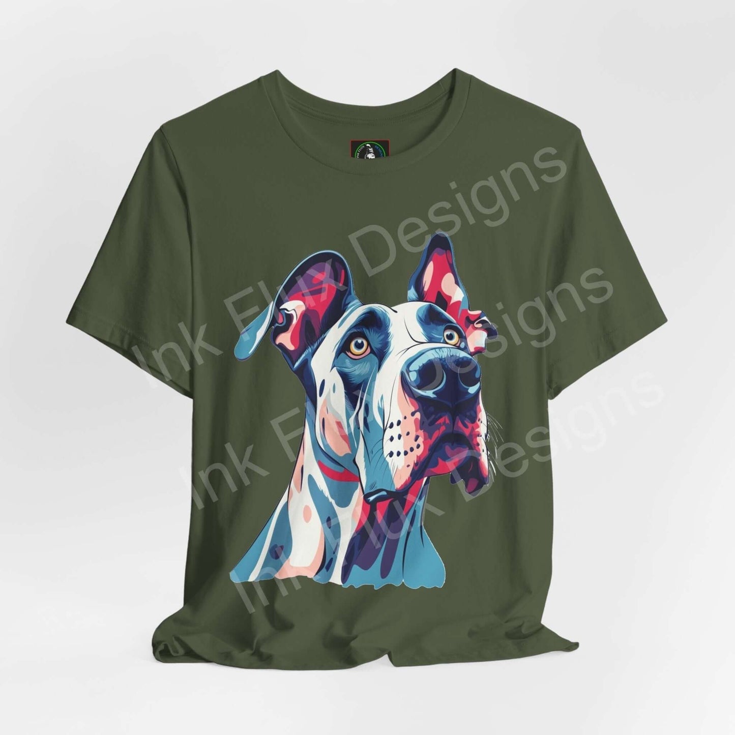 Great Dane Dog Graphic T-Shirt featuring colorful artistic design of a Great Dane portrait