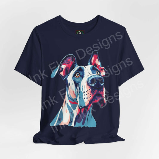 Graphic tee featuring a colorful Great Dane design on a dark blue unisex jersey T-shirt, showcasing style and comfort.