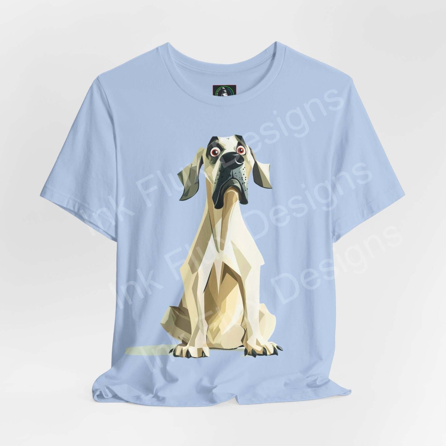 Light blue unisex T-shirt featuring a geometric Great Dane graphic print, designed for comfort and style by Bella+Canvas.