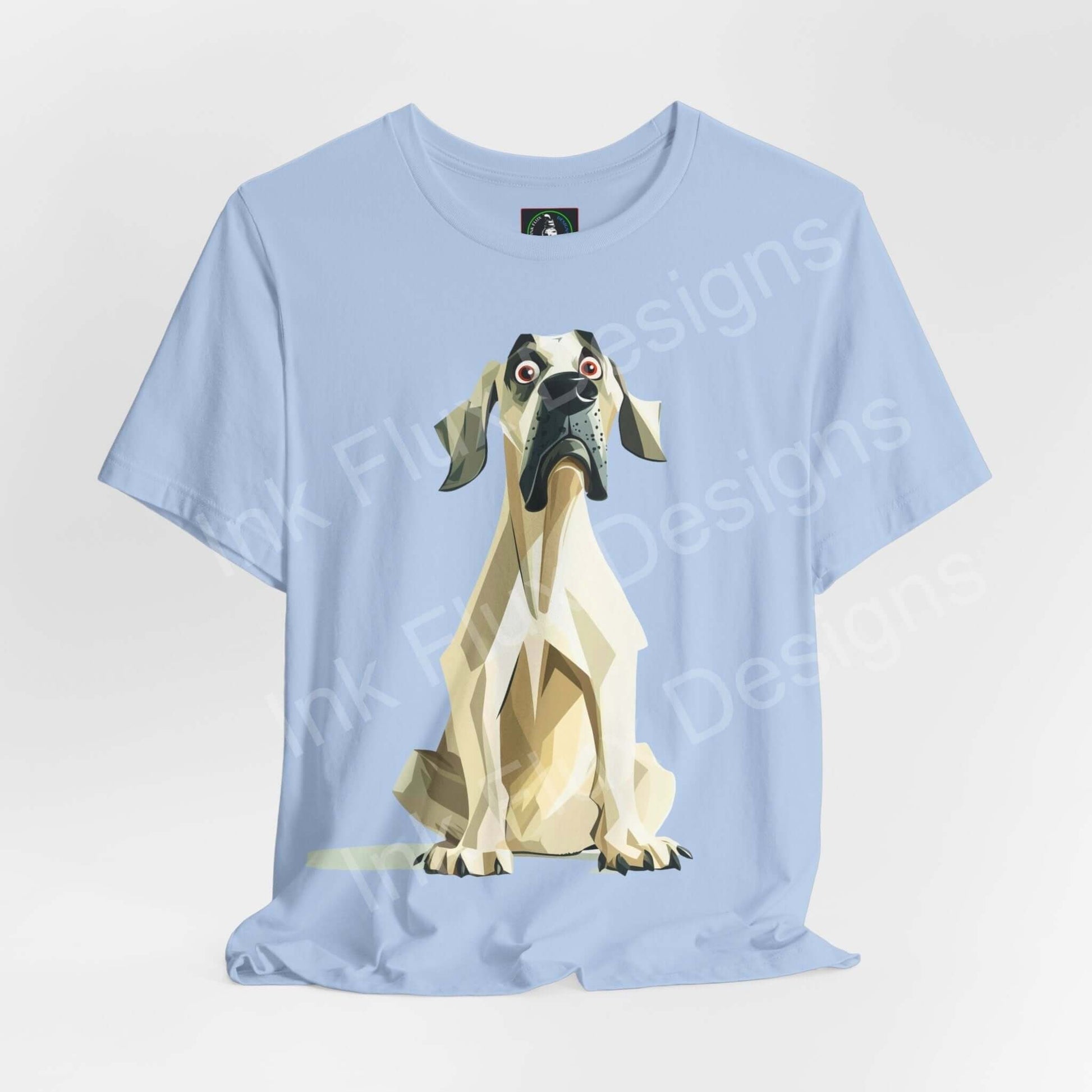 Light blue unisex T-shirt featuring a geometric Great Dane graphic print, designed for comfort and style by Bella+Canvas.