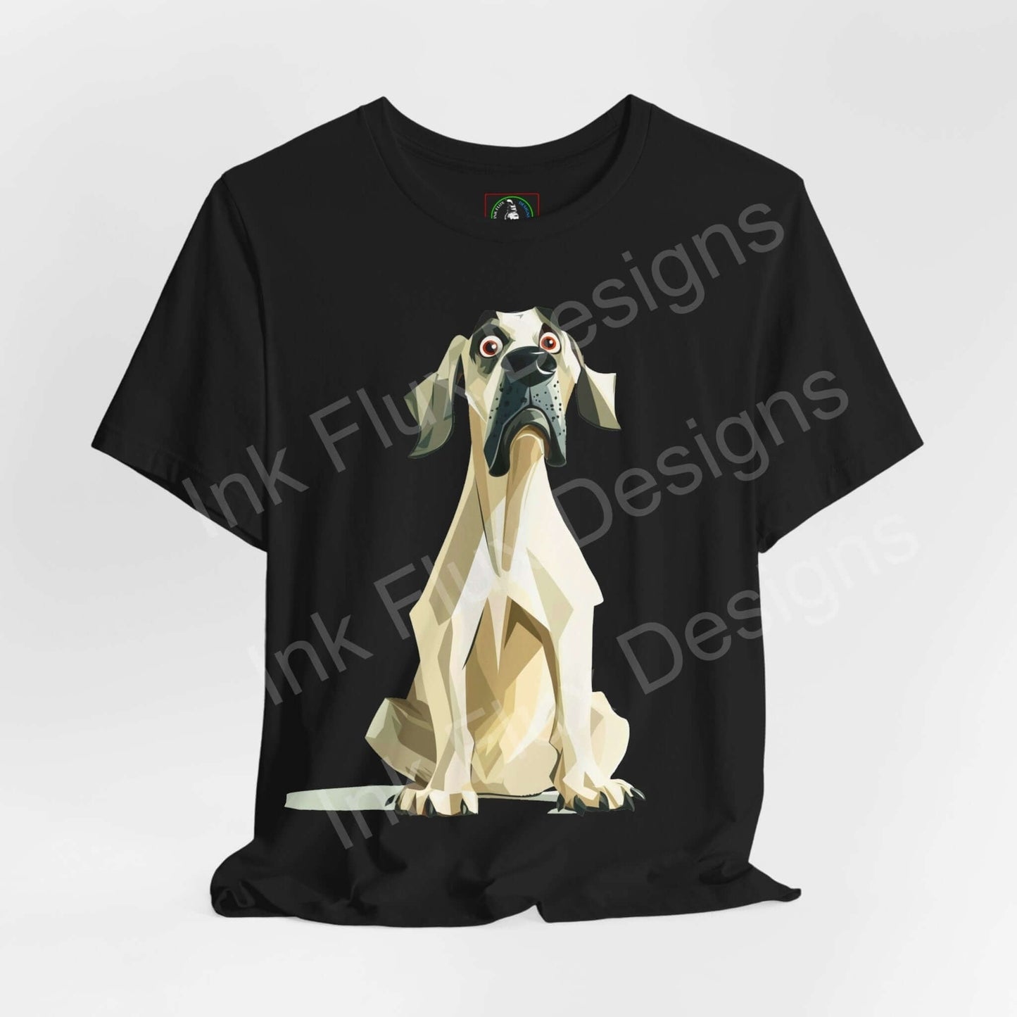Black unisex T-shirt featuring a geometric Great Dane graphic design, ideal for dog lovers and casual wear.