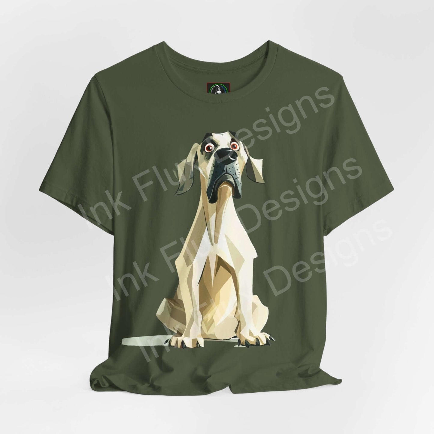 Olive green unisex T-shirt featuring a geometric Great Dane graphic, perfect for dog lovers and stylish tee aficionados.