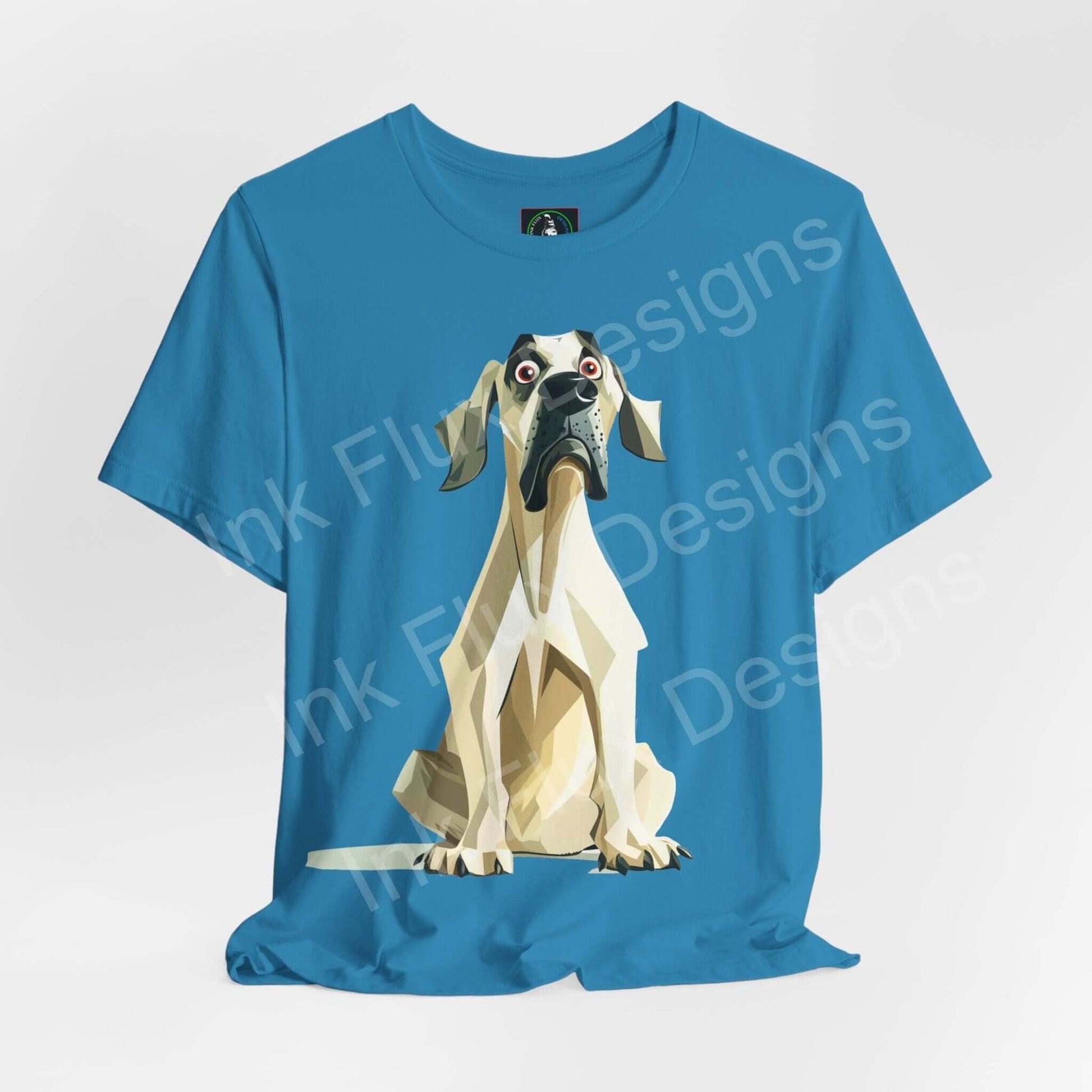 Blue unisex T-shirt featuring a graphic of a stylized Great Dane, made from breathable Airlume cotton, perfect for dog lovers.